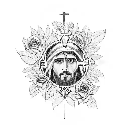 A Cross With Jesus Face In It Surrounded By Leaves And Roses
