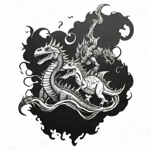 Dinosaurs And Dragons In A Battle In The Middle Of The Ocean