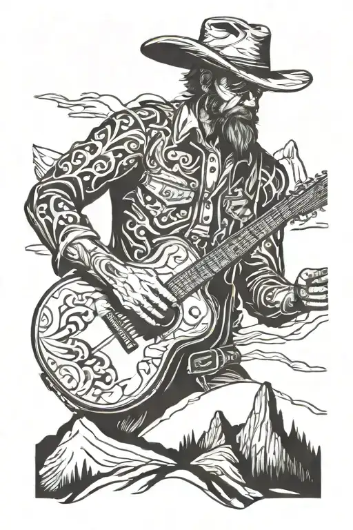 Cowboy With Guitar In The Mountains In The Background