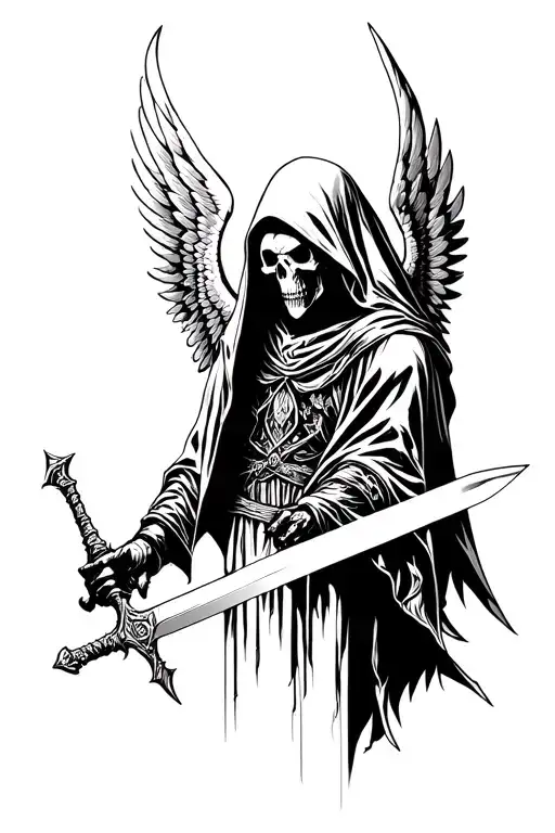 Hooded Reaper With Wings Holding Sword