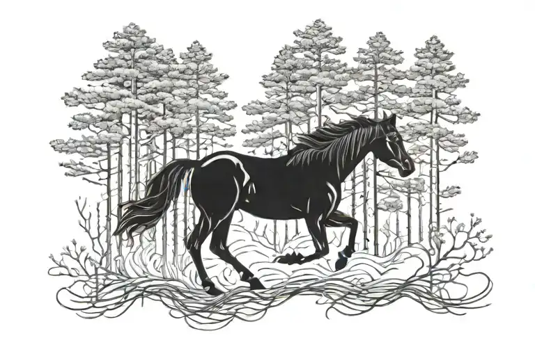 Horse Running Through Forest Of Pine Tree With Roots