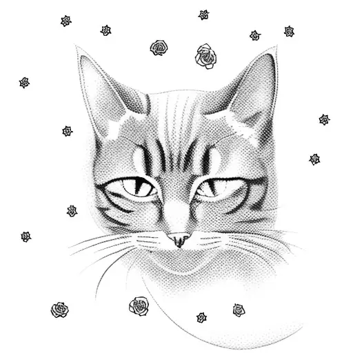 A Blackwork Tattoo Of A Cat Playing With Roses Under The Moonlight
