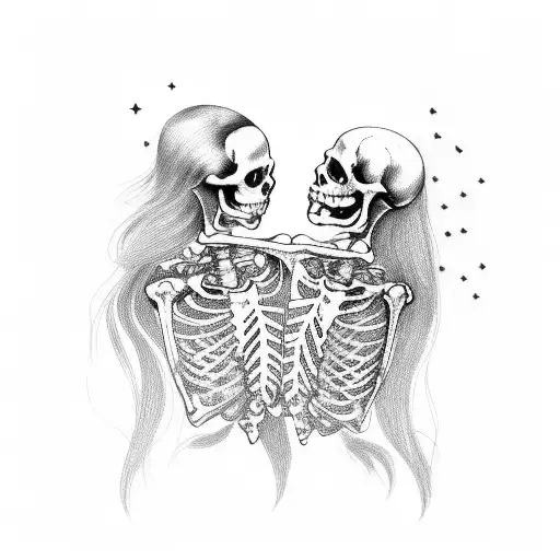 A Tattoo Of A Skeleton Embracing A Long-haired Brunette Girl In A Whimsical And Romantic Pose