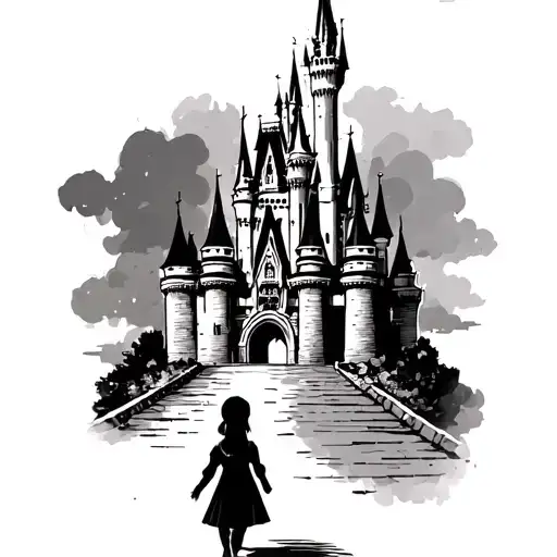 Little Girl Walking Towards Disney Castle