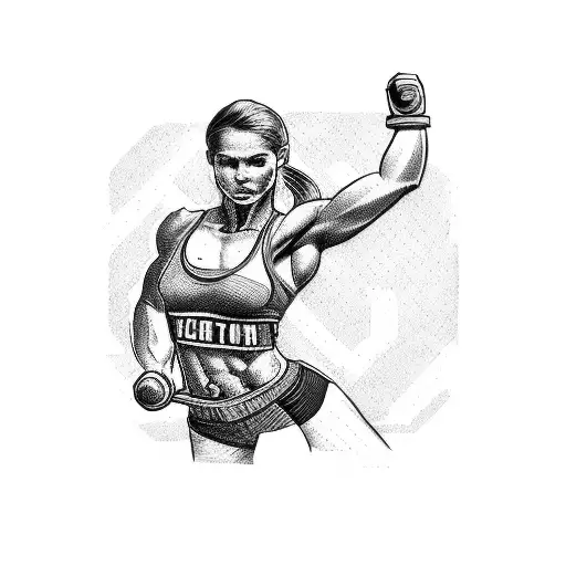 A Detailed Sketch Of A Strong Female Athlete Doing Push-ups With A Vintage Sports Car Beside Her