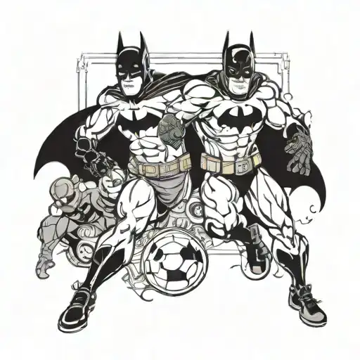 A Comic-inspired Tattoo Featuring Batman And A Marvel Character In A Football-themed Setting