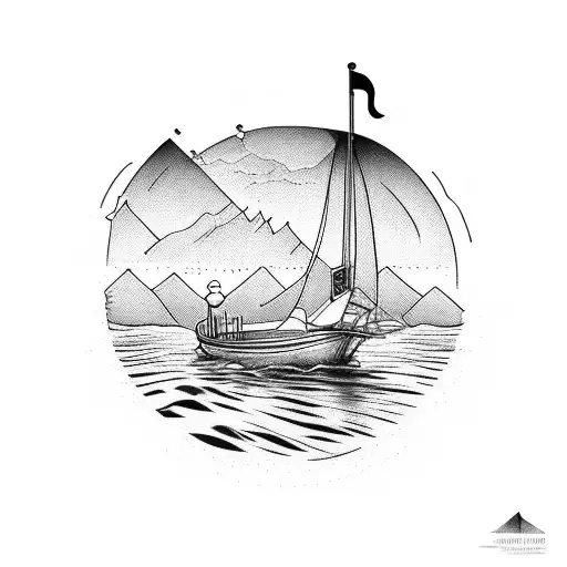 Hourglass With A Boat In Water In The Top Part And Mountains In The Bottom