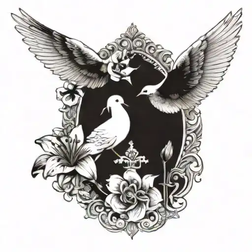 Combine Aspects Of An Ancient Greco-roman Staue With A Lily Flower And A Dove