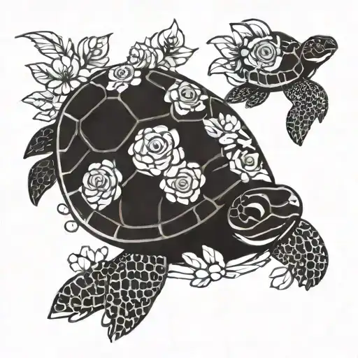 A Stylized Blackwork Design Of A Running Turtle Surrounded By Flowers