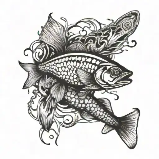 A Detailed Fishing Lure Surrounded By Swirling Water And Fish Silhouettes