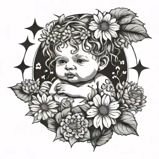 A Whimsical Hippie Baby Surrounded By Zinnia Flowers And Peace Signs