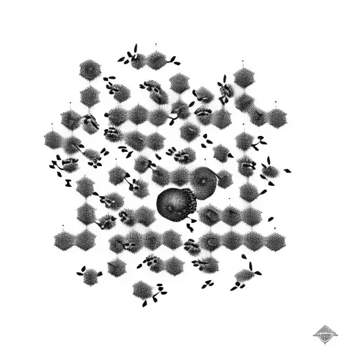 Abstract Geometric Shapes Forming A Hive With Tiny Bees Buzzing Around