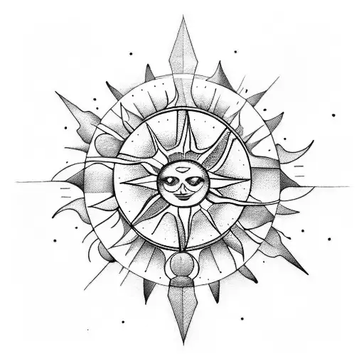 A Geometric Sun And Moon Design Incorporating Musical Notes And Symbols