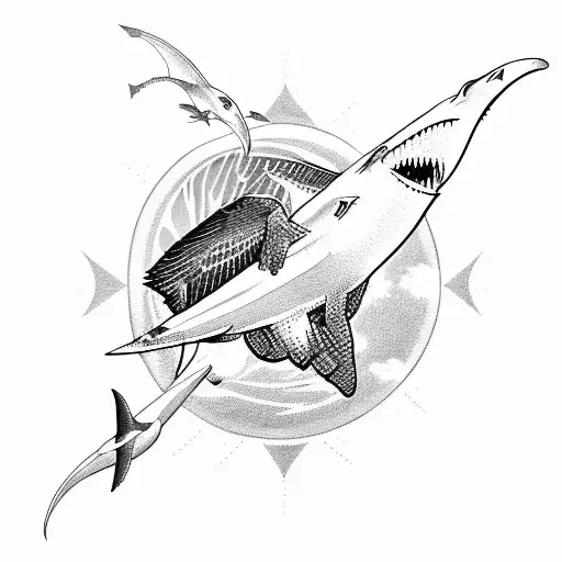 A Majestic Hawk Soaring Above A Ocean With Sharks