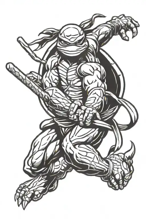 A Stylized Blackwork Tattoo Of A Teenage Mutant Ninja Turtle In A Dynamic Action Pose