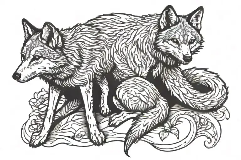 Adult Wolf Sitting Wrapped Around Her Baby Fox Sitting
