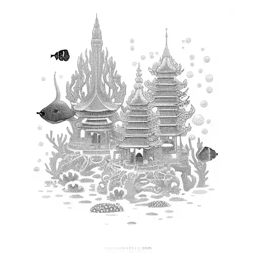 Underwater Cityscape With Intricate Coral Reefs And Asian Architecture