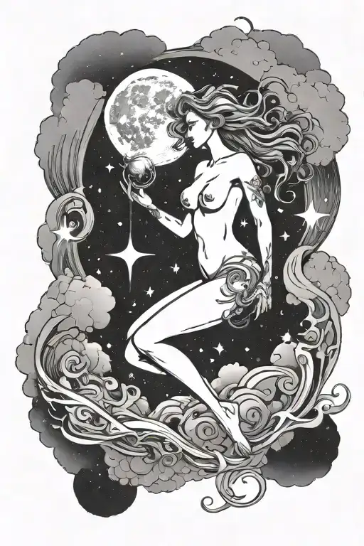 Female Full Body Silhouette Emerging From Gas Clouds And Stars And Moon Surrounding Her