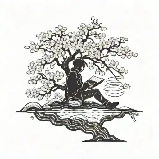 A Silhouette Of A Traveler Reading A Book Under A Cherry Blossom Tree In Japan