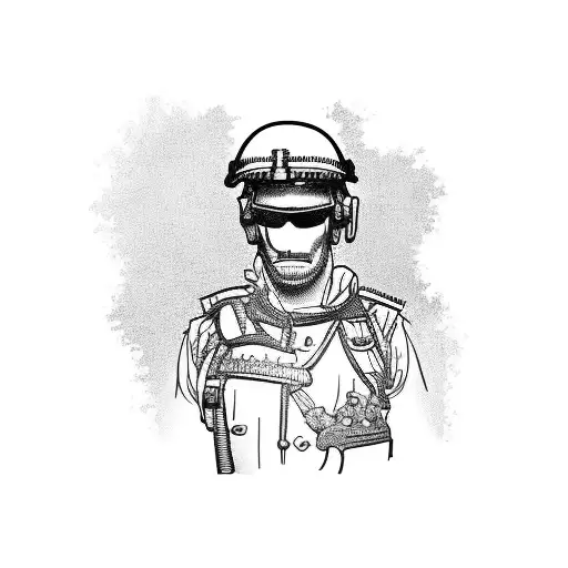 An Intricate Blackwork Tattoo Of A Soldier Working On A Military Vehicle