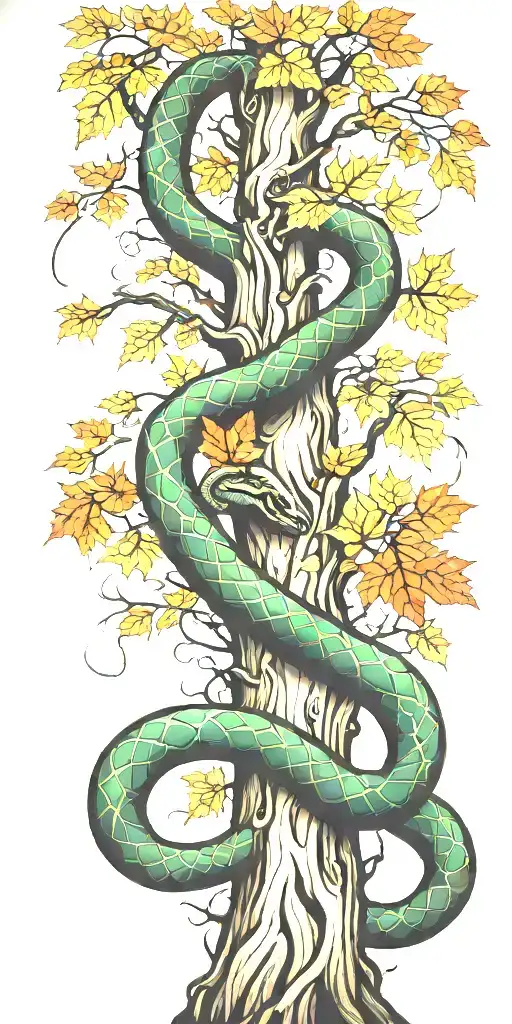 Tree Trunk With Cobra Coiling Around It With Maple Leaves With Color