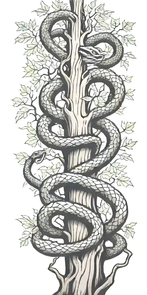 Tree Trunk With Cobra Coiling Around It With Maple Leaves With Color