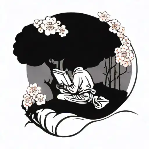 A Silhouette Of A Traveler Reading A Book Under A Cherry Blossom Tree In Japan