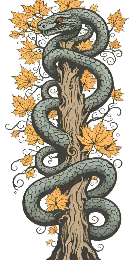 Tree Trunk With Cobra Coiling Around It With Maple Leaves With Color