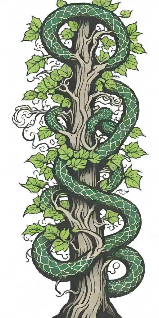 Tree Trunk With Cobra Coiling Around It With Green Maple Leaves With Color