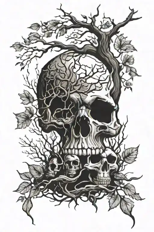 A Tree With Leaves And Roots And A Skull And Scales