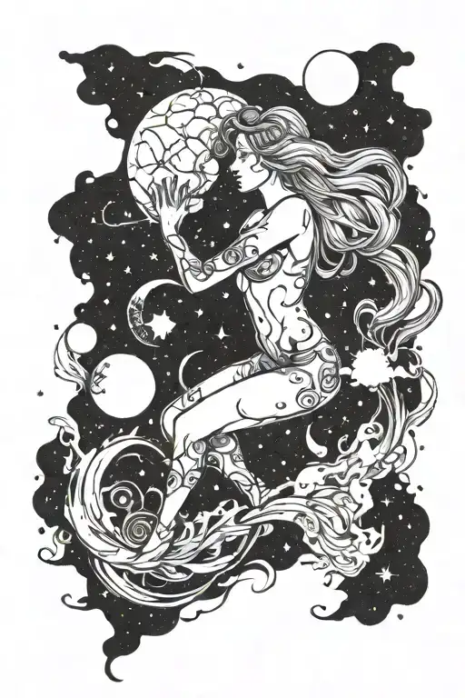 Female Full Body Silhouette Emerging From Gas Clouds And Stars And Moon Surrounding Her
