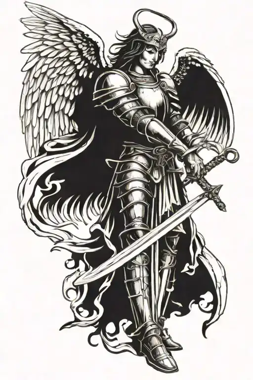 Angel In Armor With A Large Sword And Wings