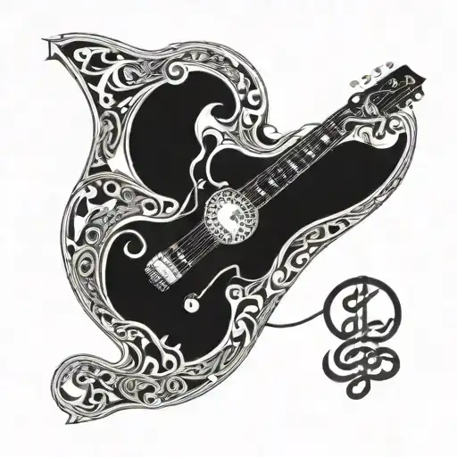 A Detailed Blackwork Tattoo Of A Guitar Surrounded By Heavy Metal Band Logos