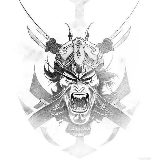A Tattoo Design Combining A Samurai And A Demon In Battle