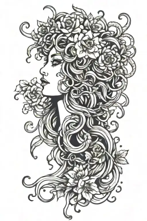 Medusa Female Face Surrounded Flowers