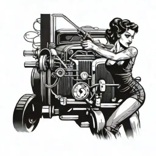 Combine A Sexy Pin-up Girl With A Gun-wielding Mechanic Working On A Vintage Car