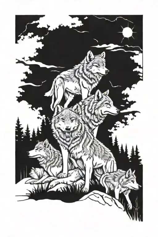Two Adult Wolves Male And Female As Well As Two Young Male Wolves In A Pack With A Forest