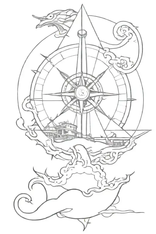 Compass Warship With Kraken Emerging