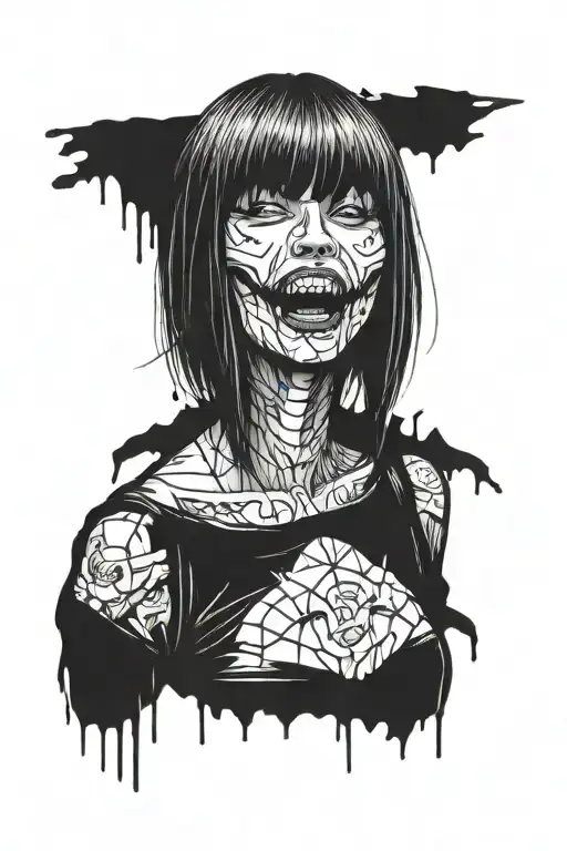 Girl With Black Bob And Bangs With Sharp Teeth And Bloody Face