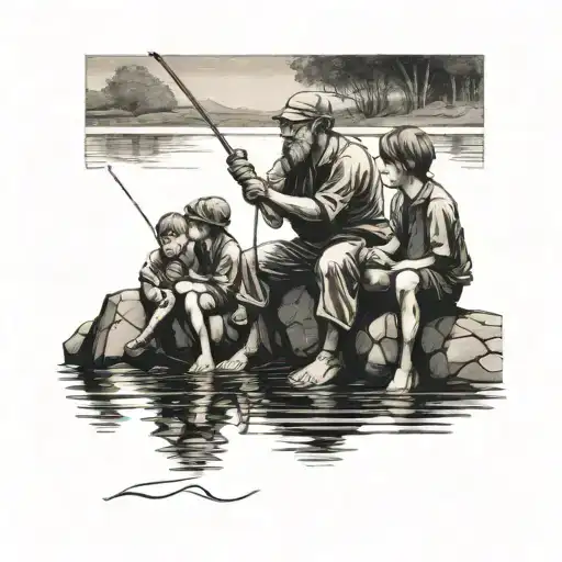 Man Fishing On Lakeshore With Three Children