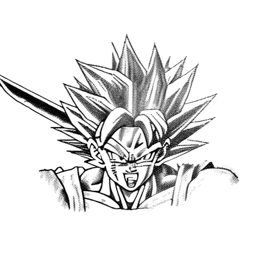 A Collage Of Iconic Dragonball Characters In Front A Sword From Trunks