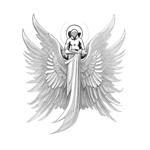 A Guardian Angel Protecting A Father And Son Symbolizing Family And Continuation Of The Lineage