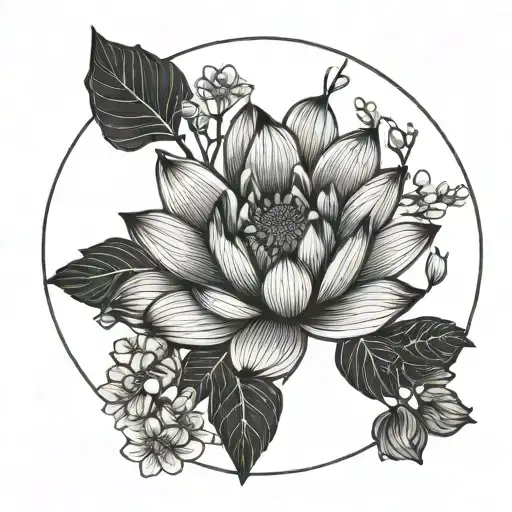Circle With Branch Inside With Flowers Blooming Lotus Flower
