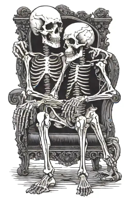 Two Skeletons Standing Looking At A Thoughtful Skeleton Sitting In An Armchair
