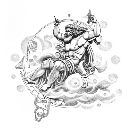 A Tattoo Design Featuring The Greek God Zeus Riding On A Cloud Chariot Through A Starry Night Sky