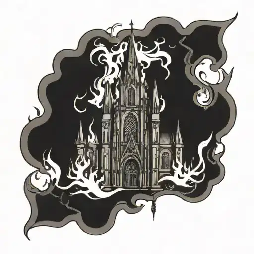 Gothic Cathedral Set On Fire Flames