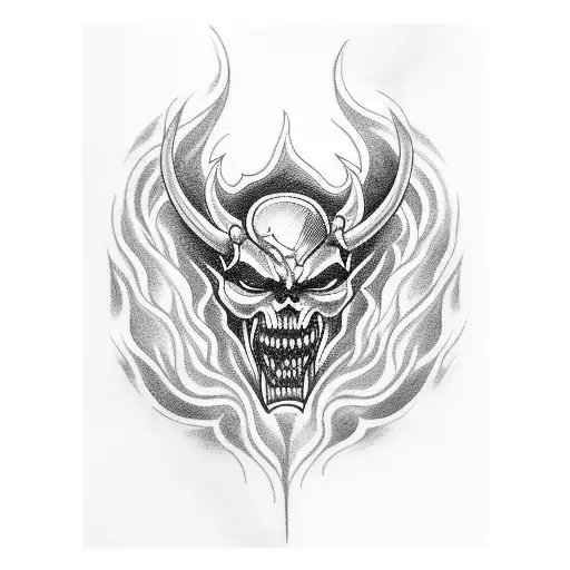 A Tattoo Of A Demon Playing The Drums With Flames And Smoke Surrounding It