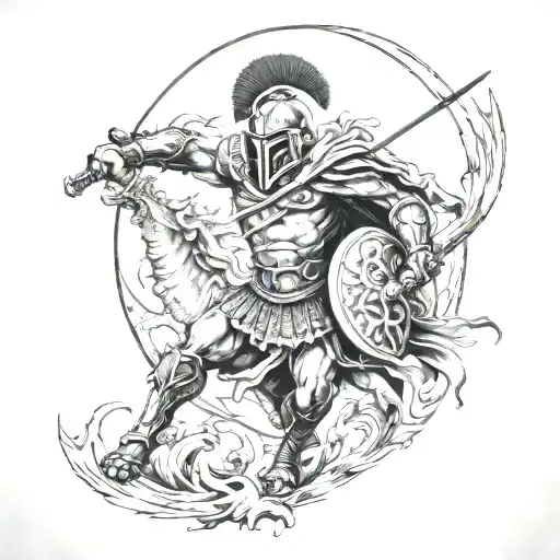 A Spartan Warrior Fighting A Mythical Beast In A Foreign Land