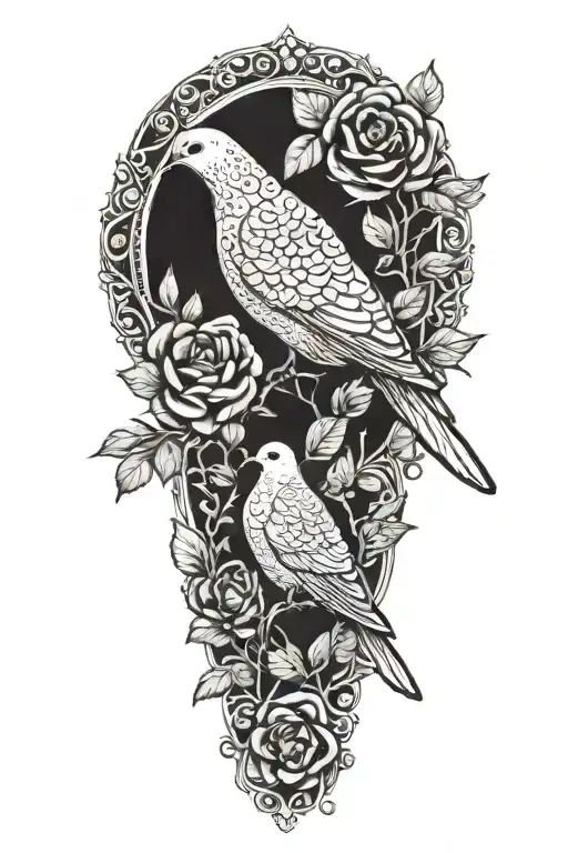 Zentangle Drawing Of A Perched Dove Atop Roses