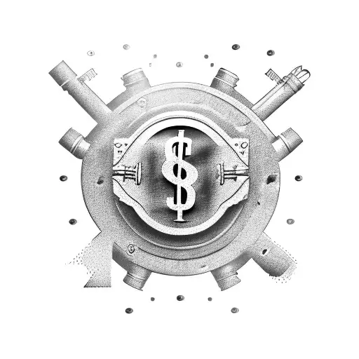 A Tattoo Design Of A Car Engine With Dollar Signs Replacing The Pistons